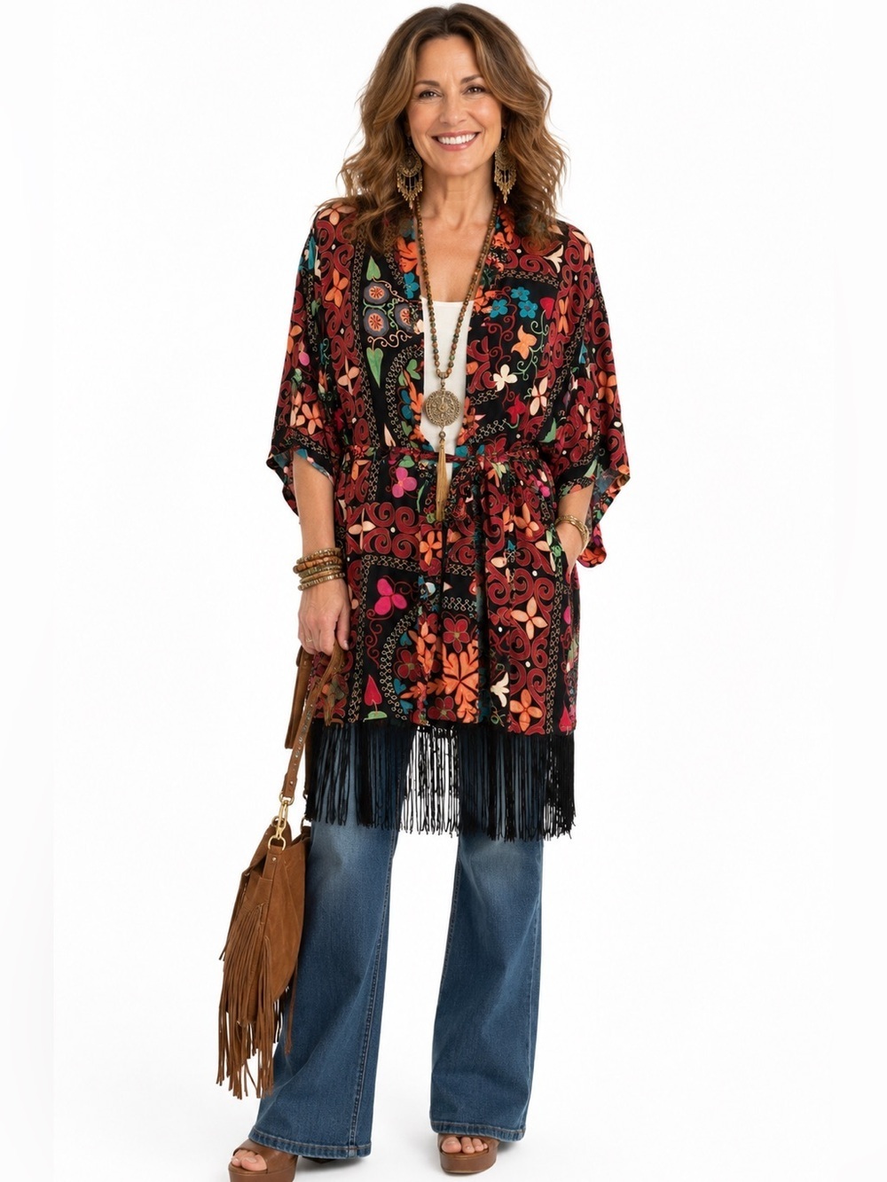Josie Natori Fringed Floral Kimono Belted robe Art to wear women’s size M